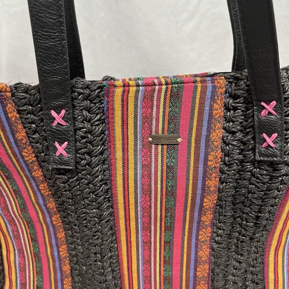 Sun N Sand Multicolor Woven Hand Bag Leather Straps Boho Beach Tote Clean - Picture 2 of 8